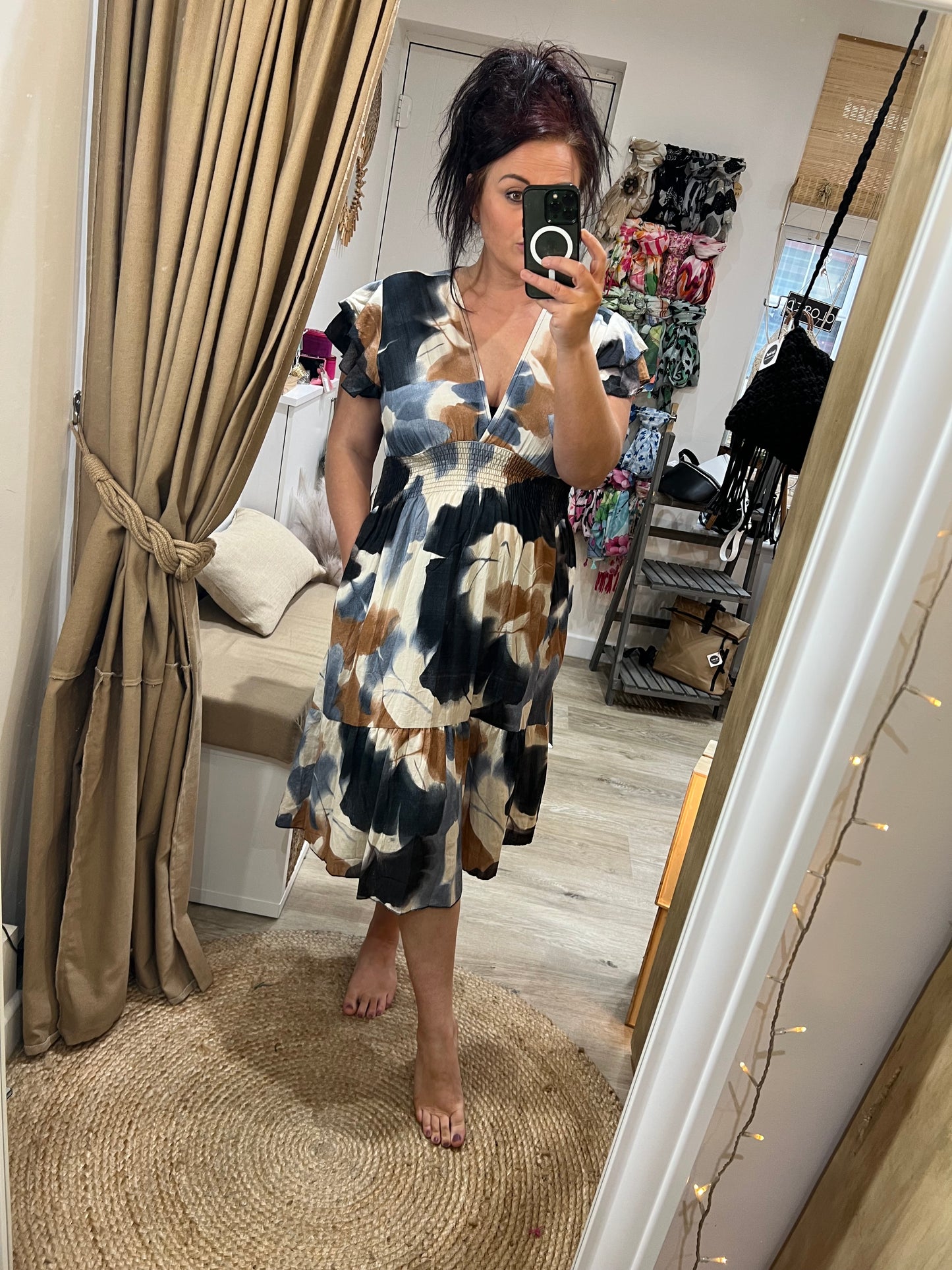 Shirred V Neck Dress - Navy
