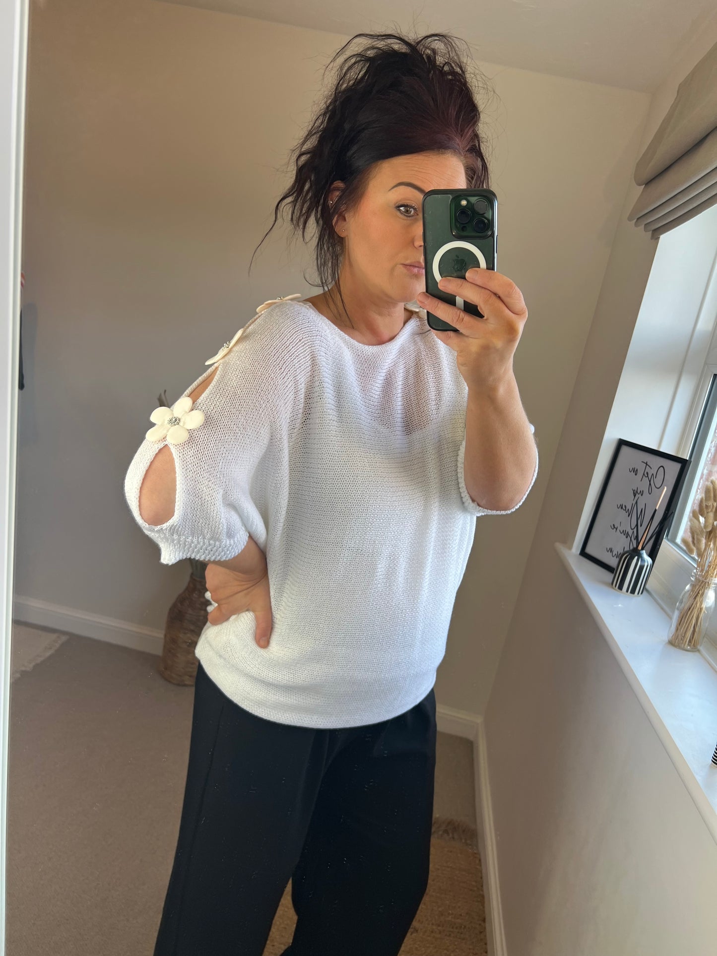 Flower Cold Shoulder Top - White