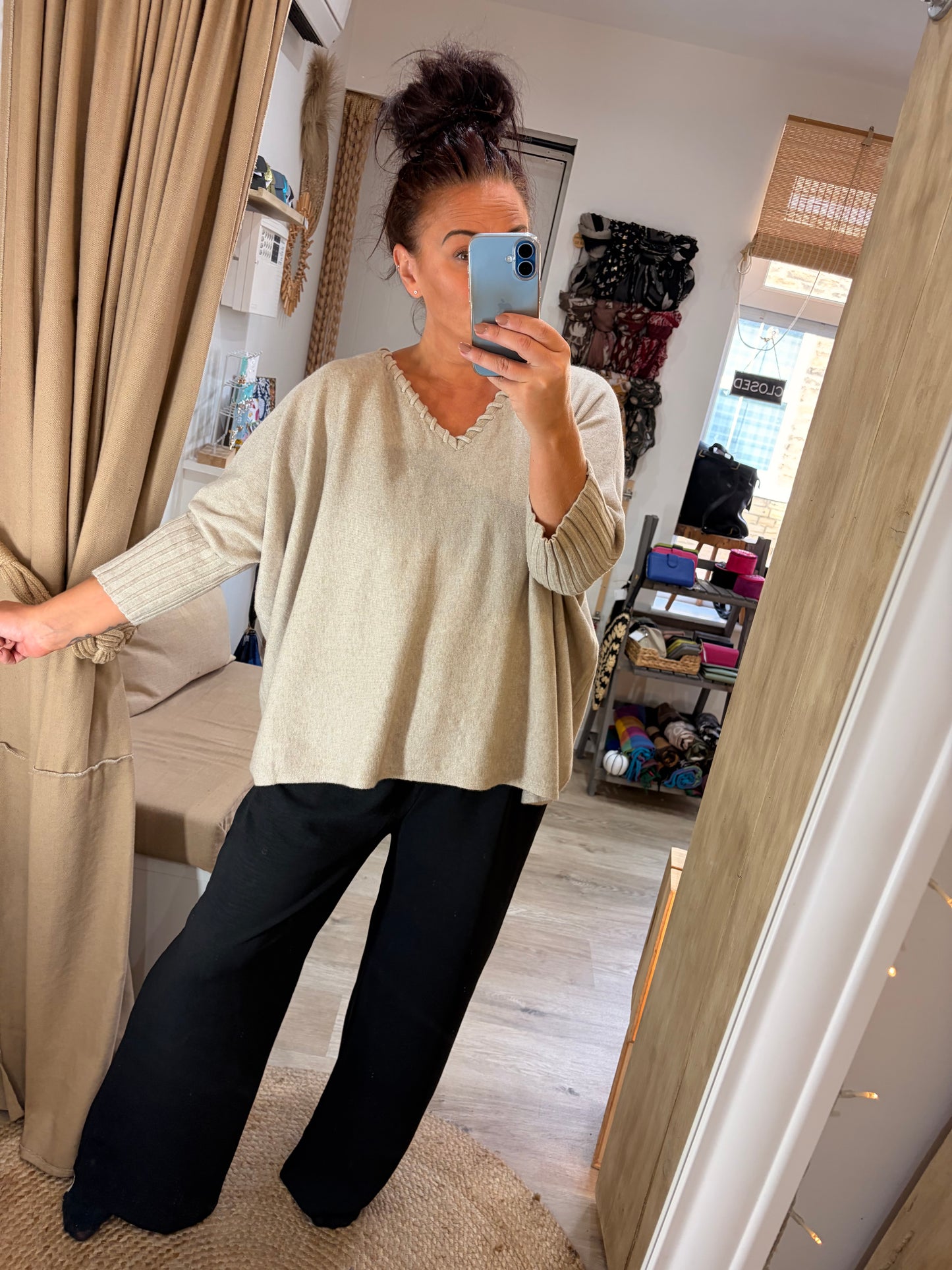 V Neck Stitch Jumper - Beige