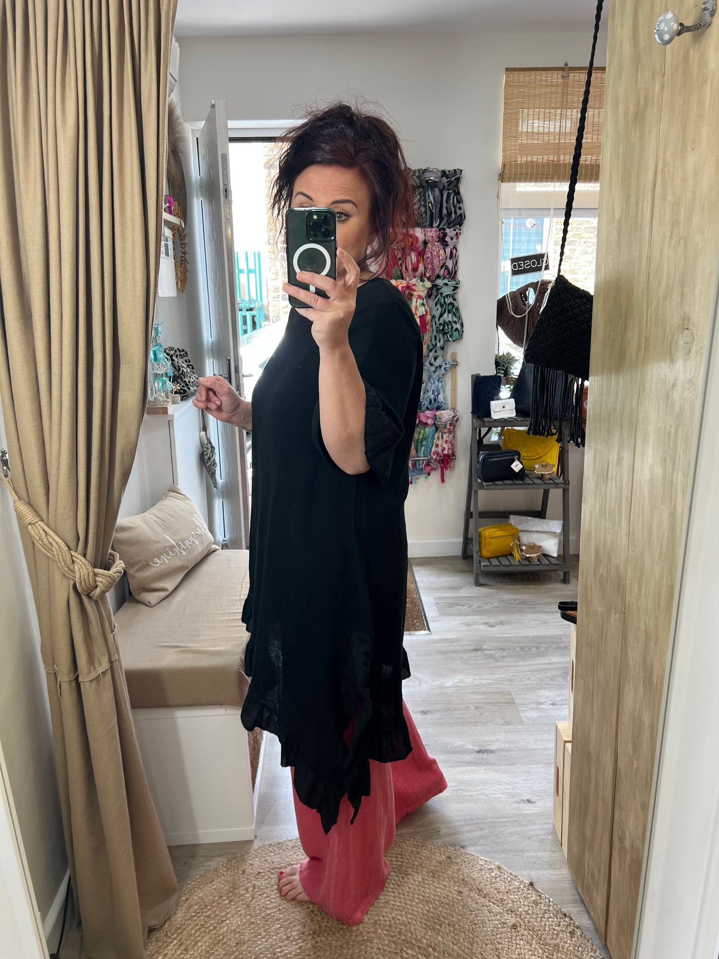 Linen Frill Tunic/Dress - Black