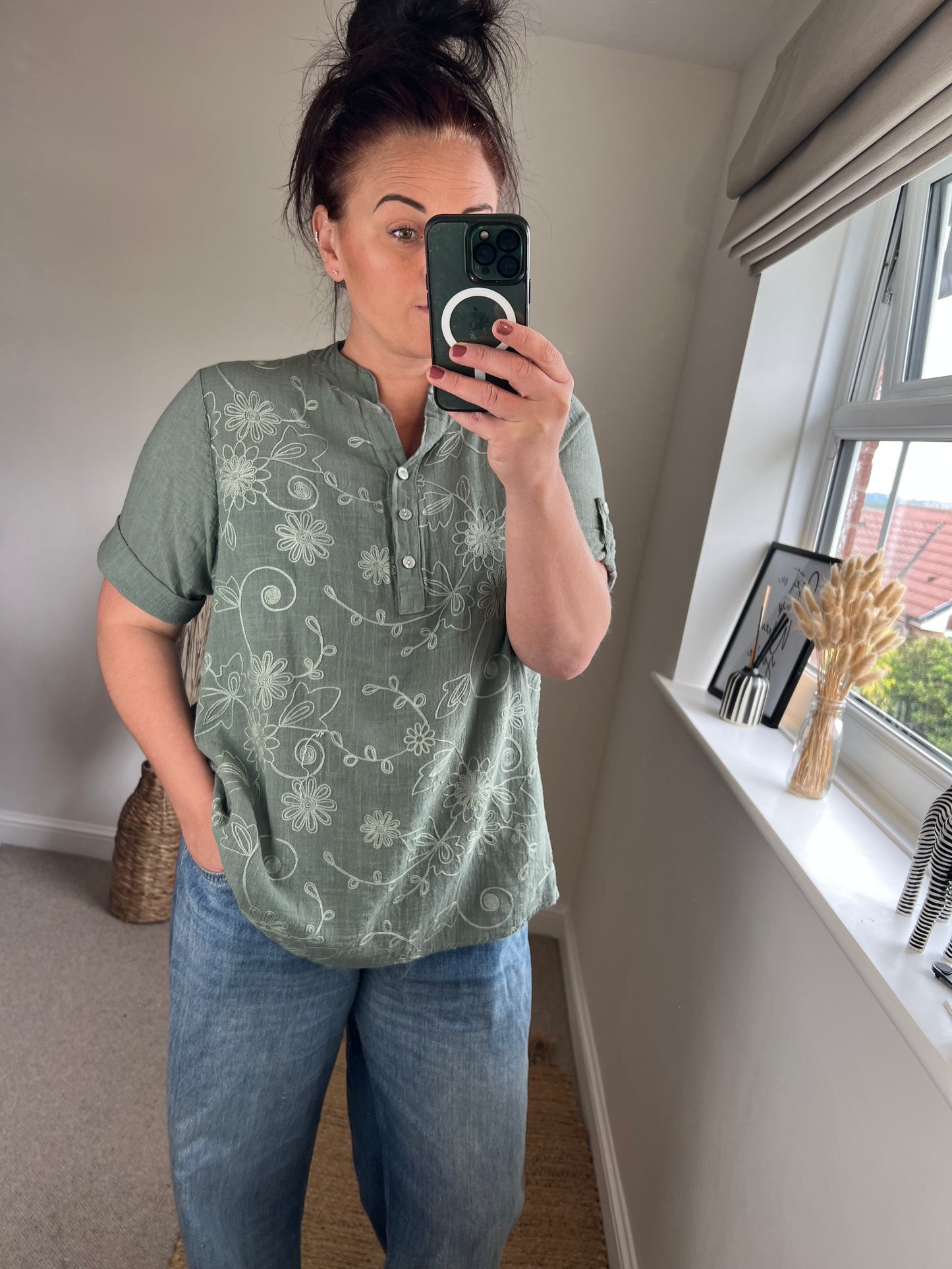Cotton Shirt - Embroidered Khaki