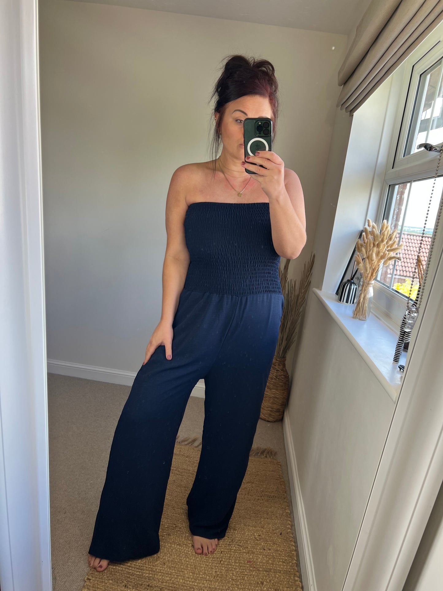 Shirred Strapless Jumpsuit - Navy