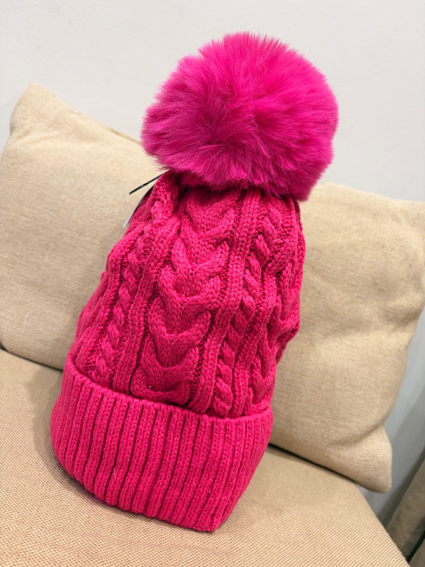 Fleece Lined Pom Pom Hat - Cerise