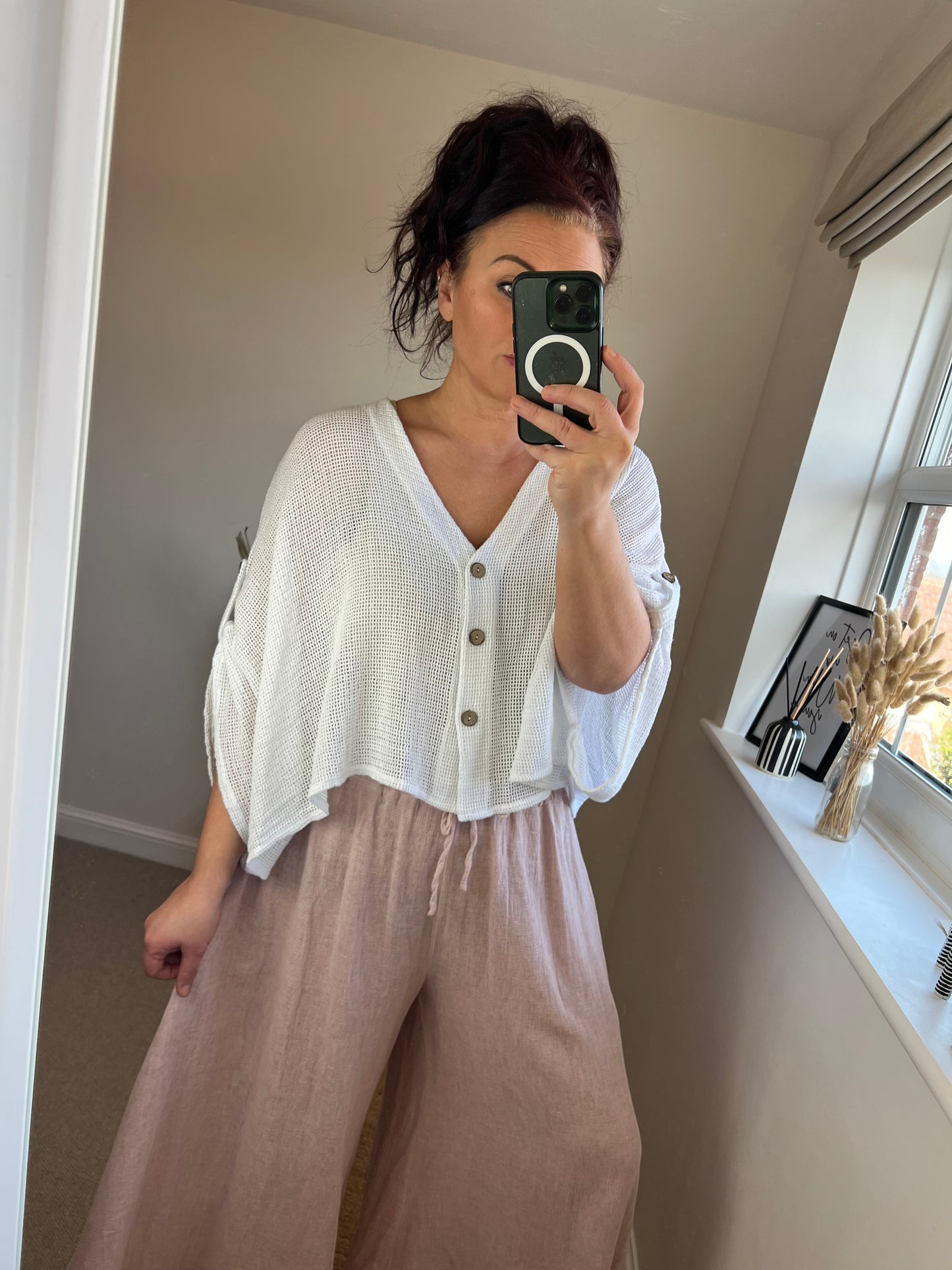Waffle Button Top - White