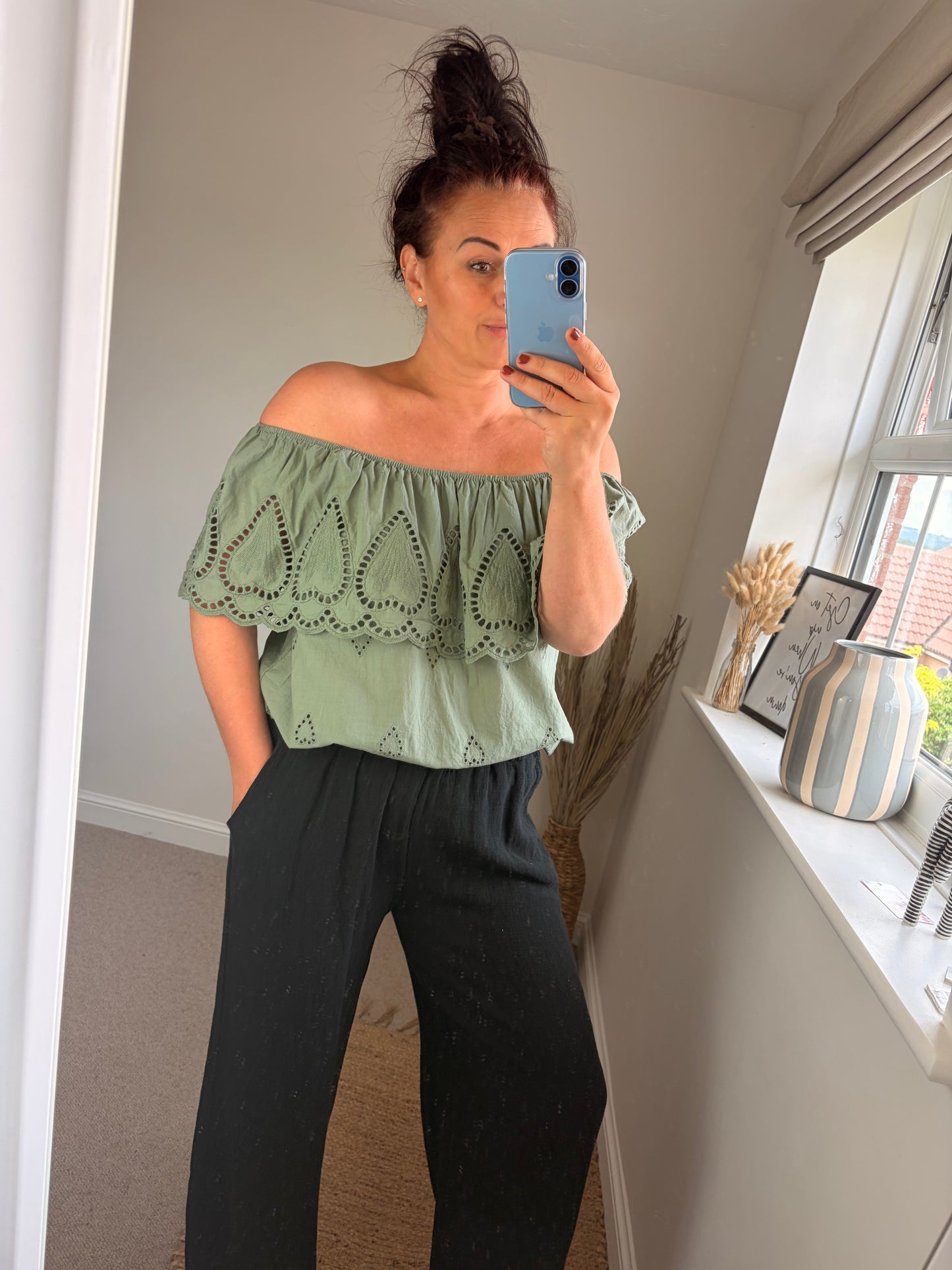 Broderie Anglaise Bardot Top - Khaki