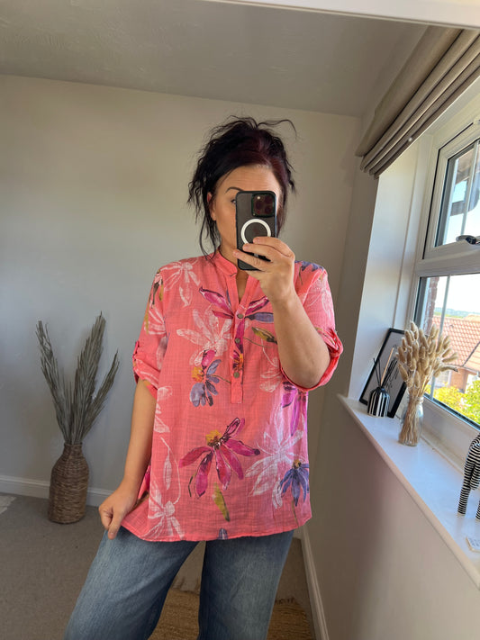 SANDY Cotton Shirt - Flowers Coral