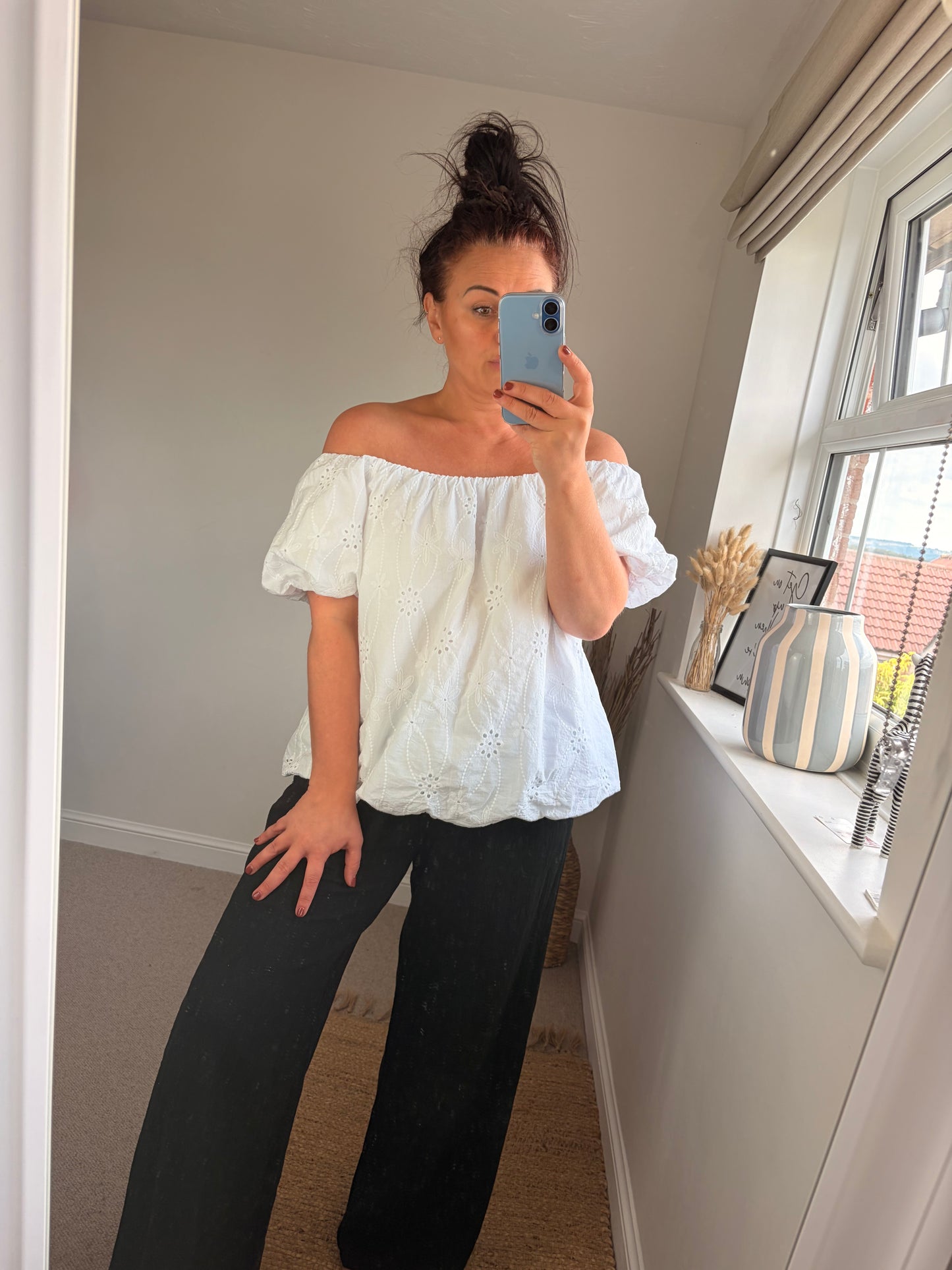 Broderie Puff Ball Top - White