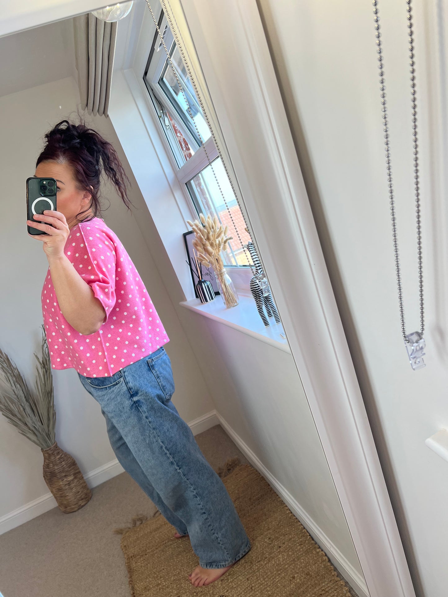 Cropped Sleeve Fine Knit Jumper - Pink Spots