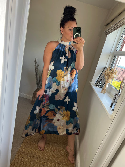 Halter Neck Satin Dress - Navy
