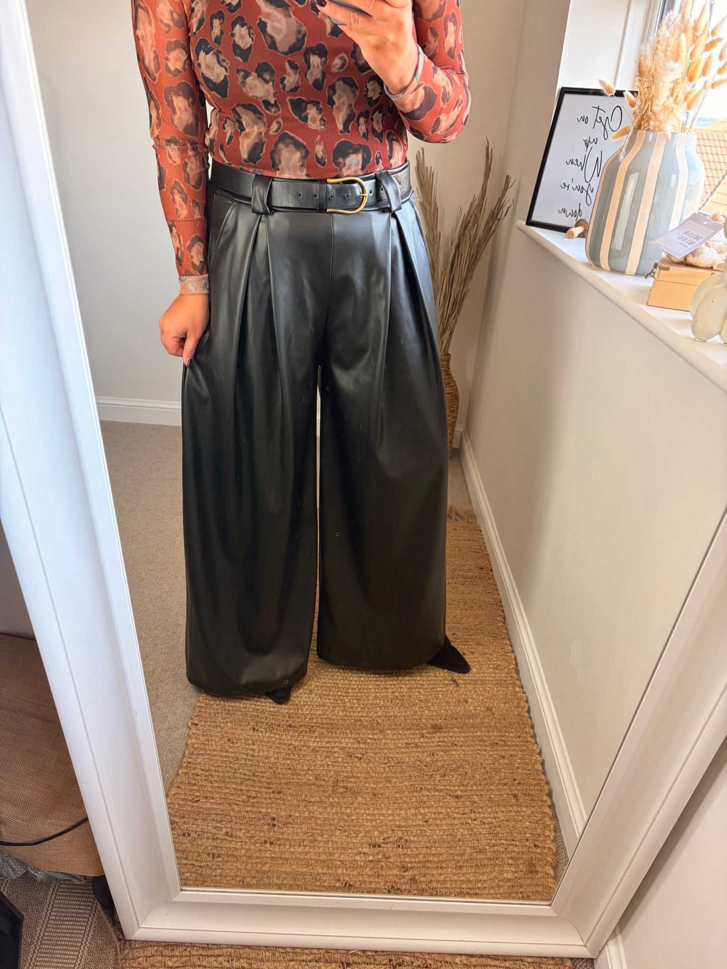 Wide Leg Faux Leather Trousers - Black
