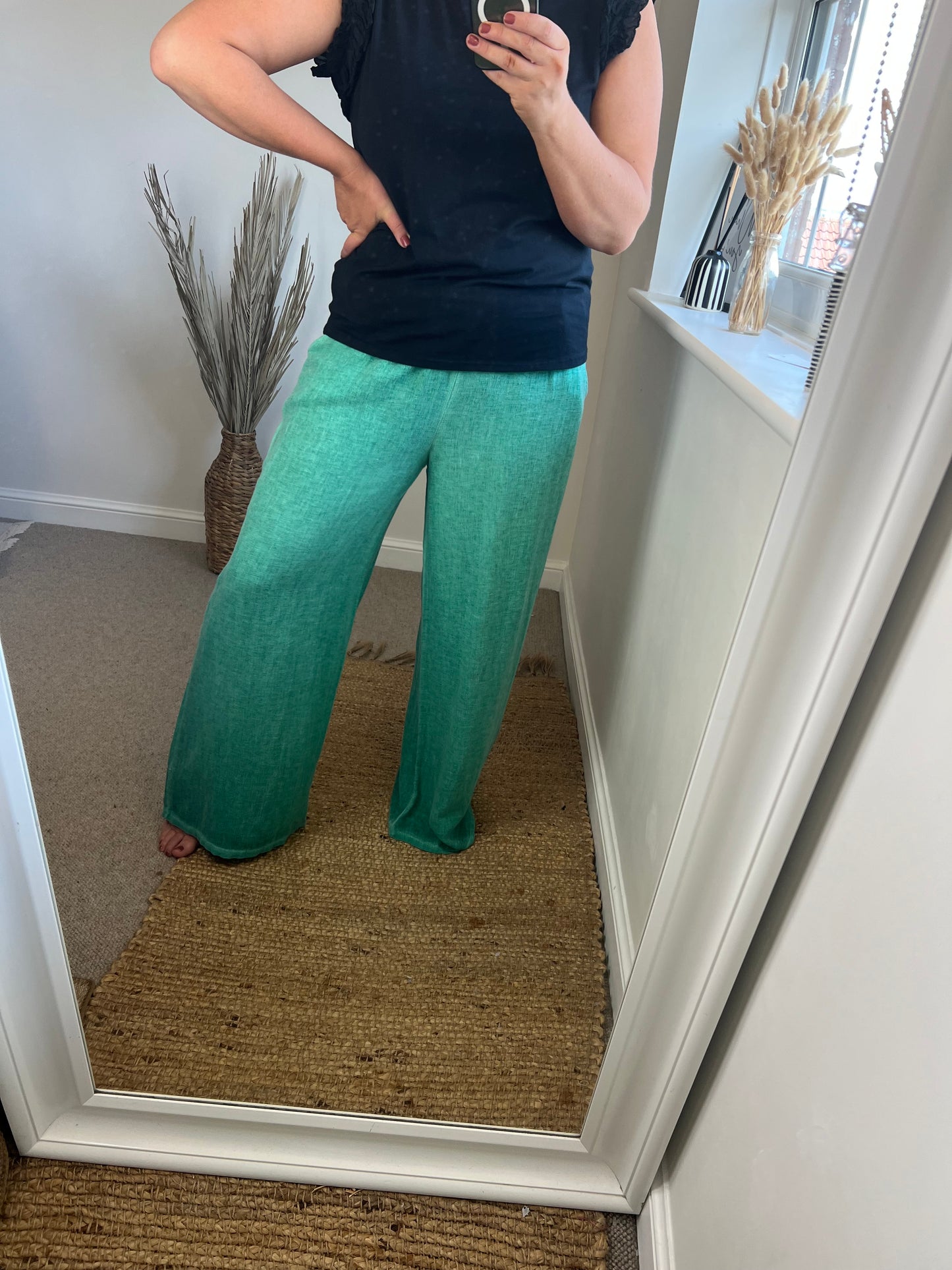 Wide Leg Linen Trousers - Aqua