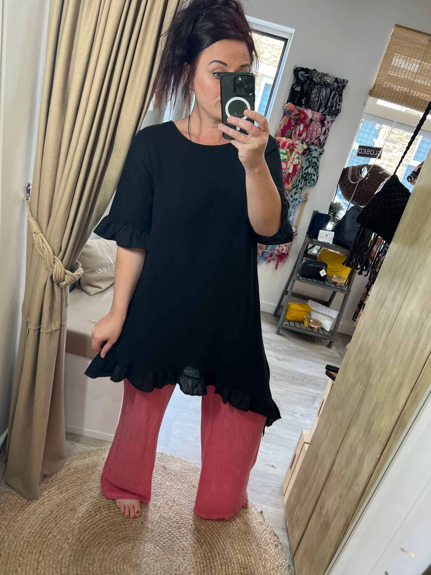 Linen Frill Tunic/Dress - Black