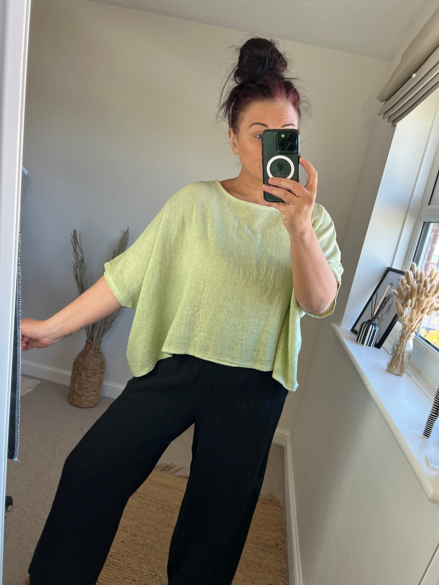 Linen Button Back Top - Lime