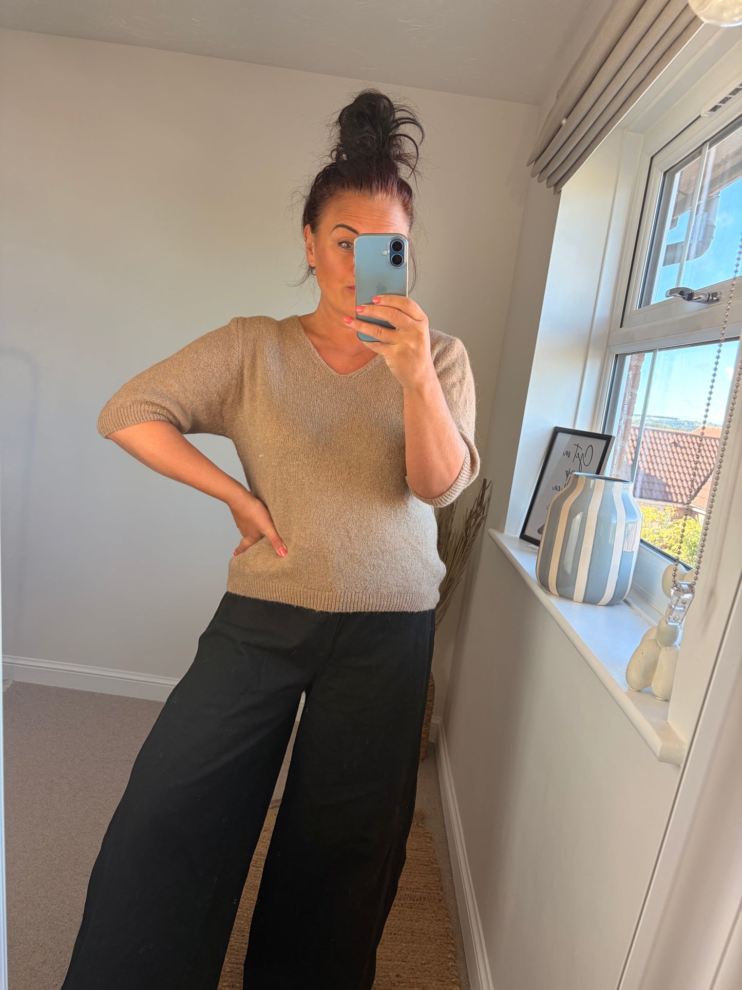 V Neck Three Quarter Jumper - Camel
