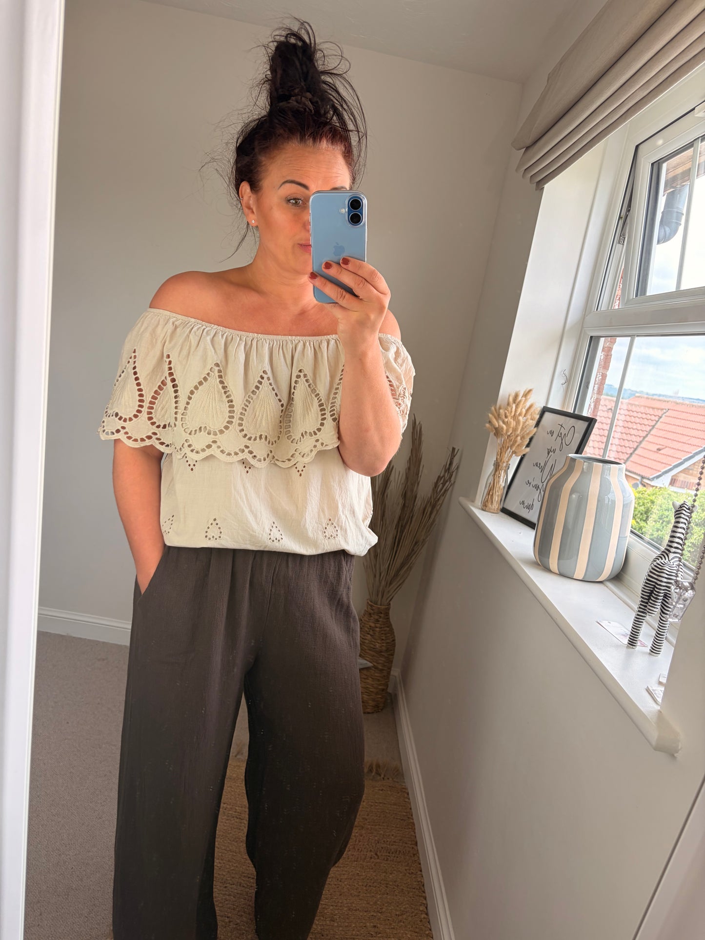 Broderie Anglaise Bardot Top - Beige