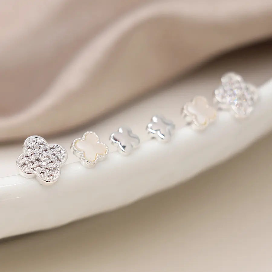 Peace of Mind - Set of 3 Silver Plated Quatrefoil Stud Earrings