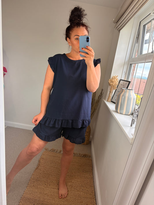 Button Back Short & Top Set - Navy