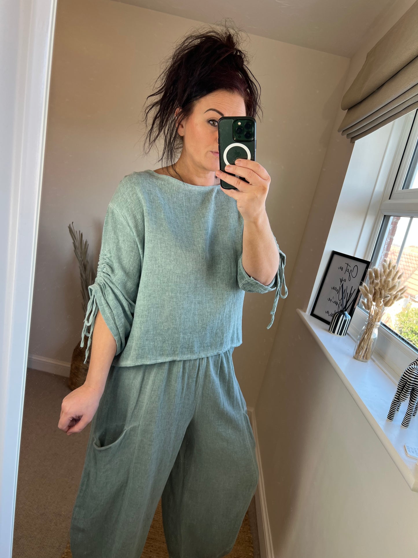 Linen Drawstring Arm Top - Sage